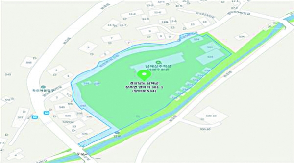 남해군은 경남도교육청으로부터 양아분교를 매입해 ‘서울농장’등을 조성해 청년 정착을 도울 계획이다. 사진은 매입대상지인 양아분교의 지적도