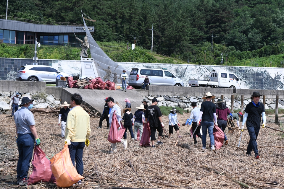 남해군의 공무원과 주민 등 1000여명은 이번 집중 폭우로 섬진강과 남강 수계를 통해 떠밀려 남해군 해역에 쌓인 부유쓰레기를 치우는 작업을 진행하고 있다.