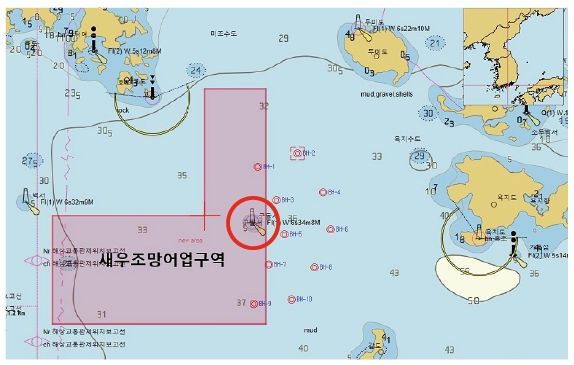 해상풍력발전사업이 추진되고 있는 구들여 해역 (빨간 동그라미 안)