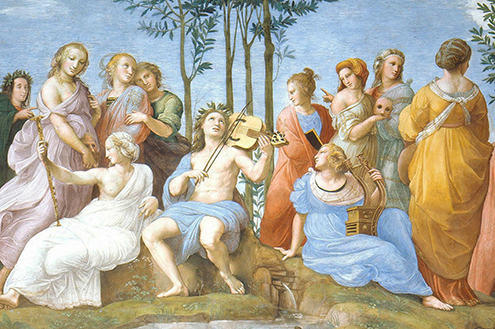 연주를 하고 있는 아폴론과 여신들의 모습 (라파엘 그림)